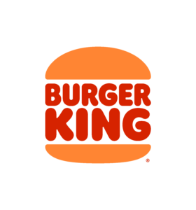 Burger King -logo mustalla taustalla, oranssi puolikuu ja suuret punaiset kirjaimet BURGER KING.