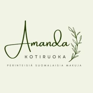 Amanda Kotiruoka -logo: käsin kirjoitettu Amanda, vihreä oksa ja teksti Perinteisiä suomalaisia makuja.
