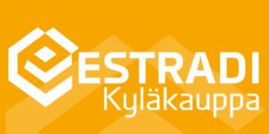 Oranssitaustainen logo: valkoinen geometrinen kuvio ja tekstit 'ESTRADI' sekä 'Kyläkauppa'.