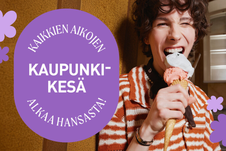 Nainen syö jäätelöä kaupungissa; taustalla violetti ympyrä, jossa lukee KAUPUNKIKESÄ.