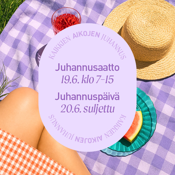 Juhannuspicnic laventelivärinen teksti: juhannusaatto 19.6 klo 7–15, juhannuspäivä 20.6 suljettu.