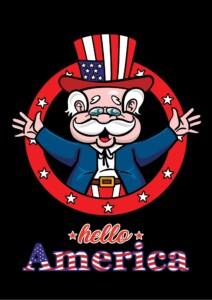 Sarjakuvamainen Uncle Sam -hahmo heiluttaa kättään, amerikkalainen punavalkoinen sininen teema tähtiä ympyrässä taustalla.