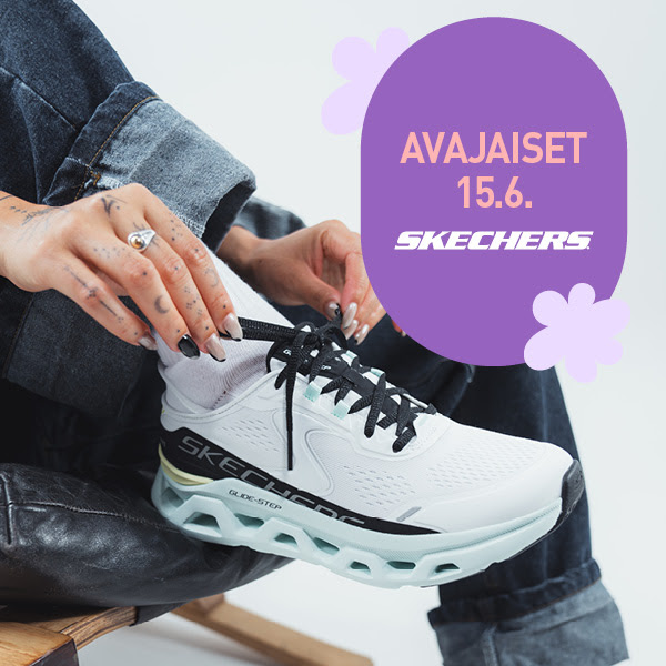 Nainen sitoo valkoista Skechers-lenkkitossua farkkujen päällä; promobadge AVAJA ISET 15.6.