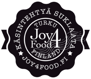 Joy4Food Turku Finland -logo, musta koristeellinen leima ruoka- ja suklaafestivaalille.