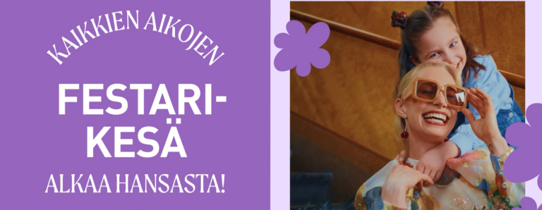Värikäs festarikesä-banneri: vasemmalla suurta valkoista tekstiä, oikealla kaksi iloista tyttöä suurissa aurinkolaseissa.