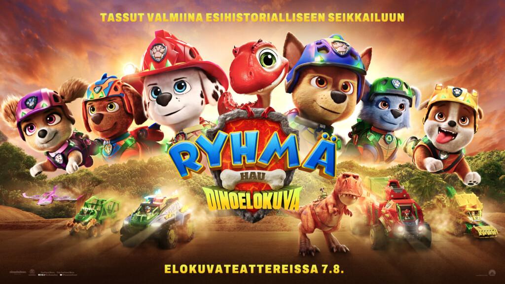Animoidut koirat kypärineen ja dinosaurusten kanssa täynnä seikkailua – Ryhmä Dinoelokuva.