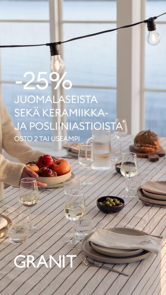 JUOMALASIT SEKÄ KERAMIIKKA -JA POSLIINIASTIOISTA -25% KUN 2 OSTAT TAI ENEMMÄN
