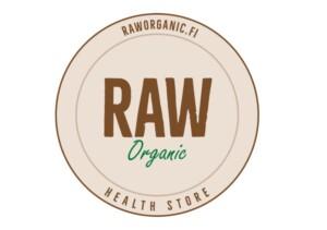 RAW Organic -logo: beigen ympyrä, keskellä isoin ruskein kirjaimin 'RAW' ja vihreä 'Organic'.