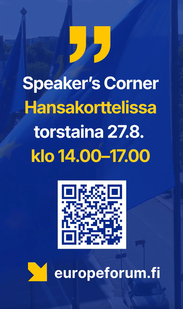 Speaker's Corner Hansakorttelissa torstaina 27.8. klo 14.00–17.00, QR-koodi, europeforum.fi.