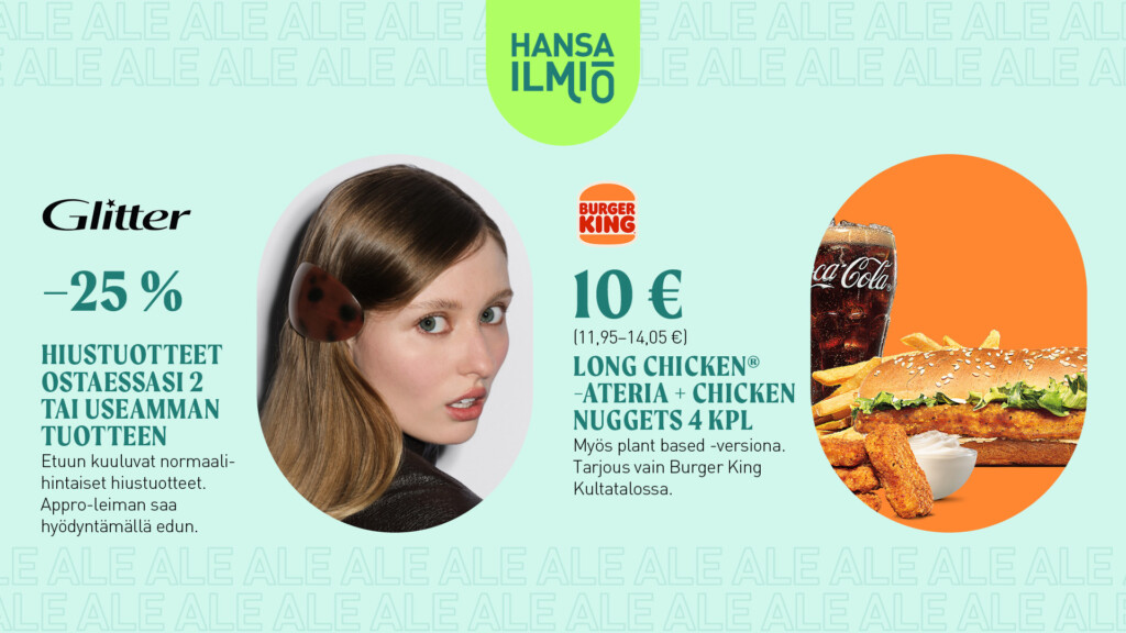 Mainosbanneri: Glitterin -25% kosmetiikkatuotteet, Burger King 10€ ateria (Long Chicken + nuggets), Coca‑Cola ja hampurilainen.