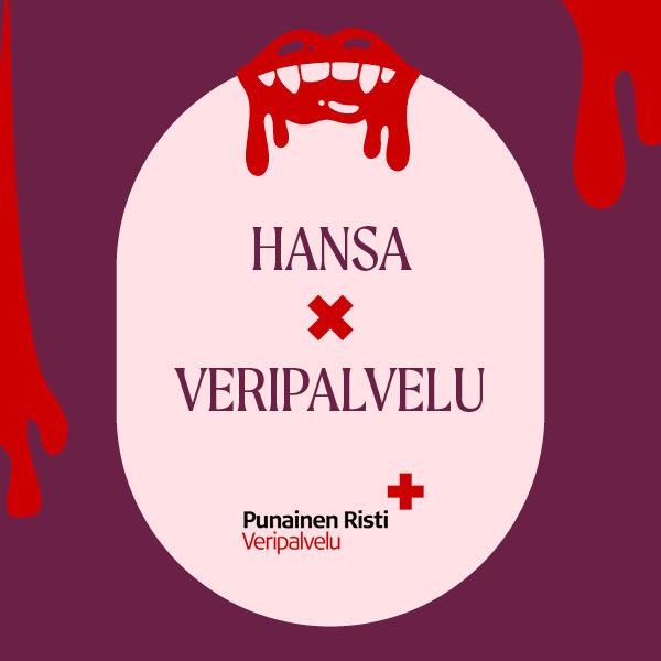 Graafinen juliste: keskellä vaaleanpunainen soikea alue, tekstit HANSA x VERIPALVELU ja Punainen Risti Veripalvelu.